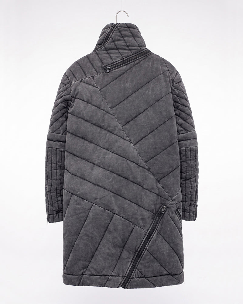 Wasteland Deconstructed Asymmetric Distressed Mid-Length Thick Puffer Jacket