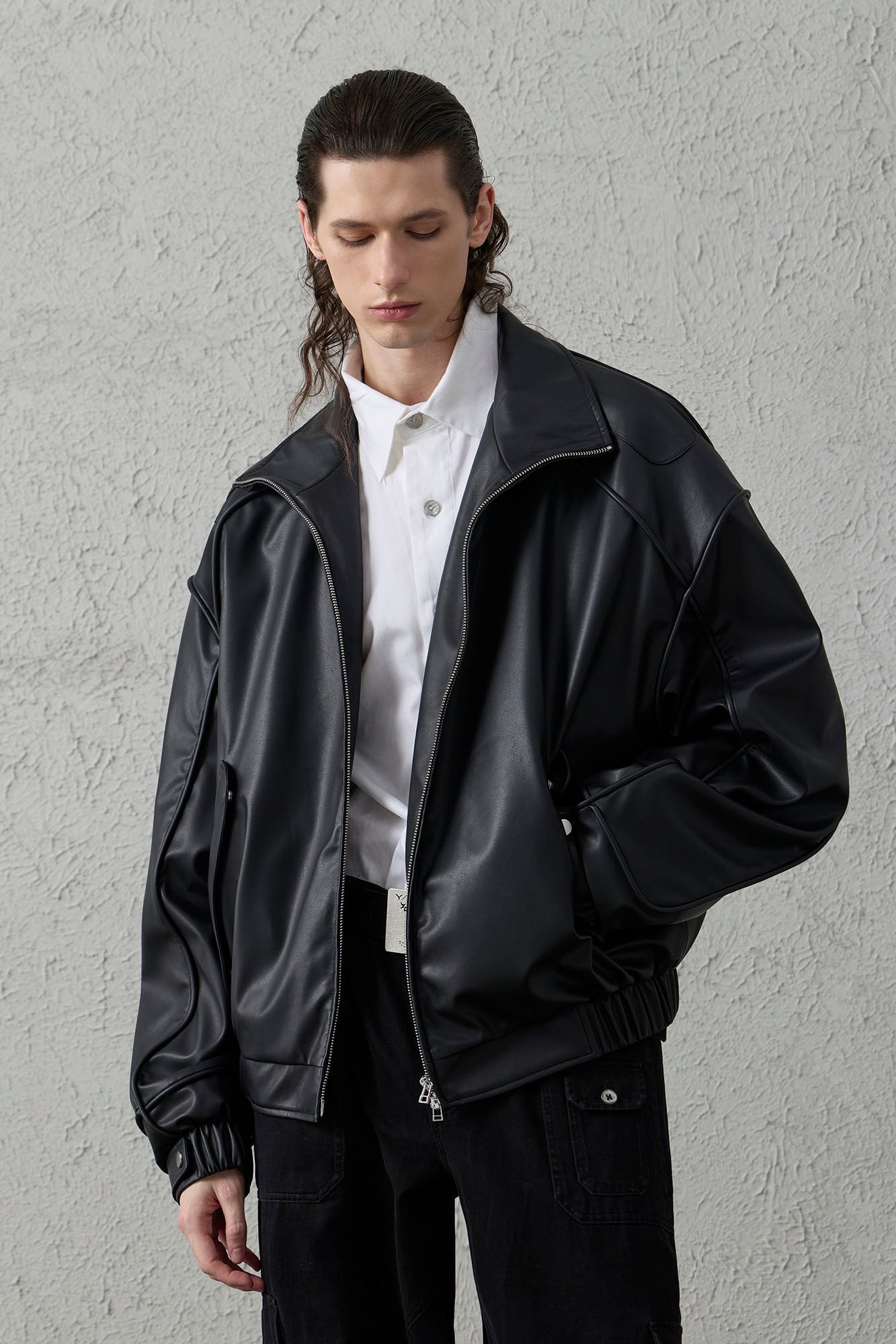 Faux Leather Piped Seam Jacket
