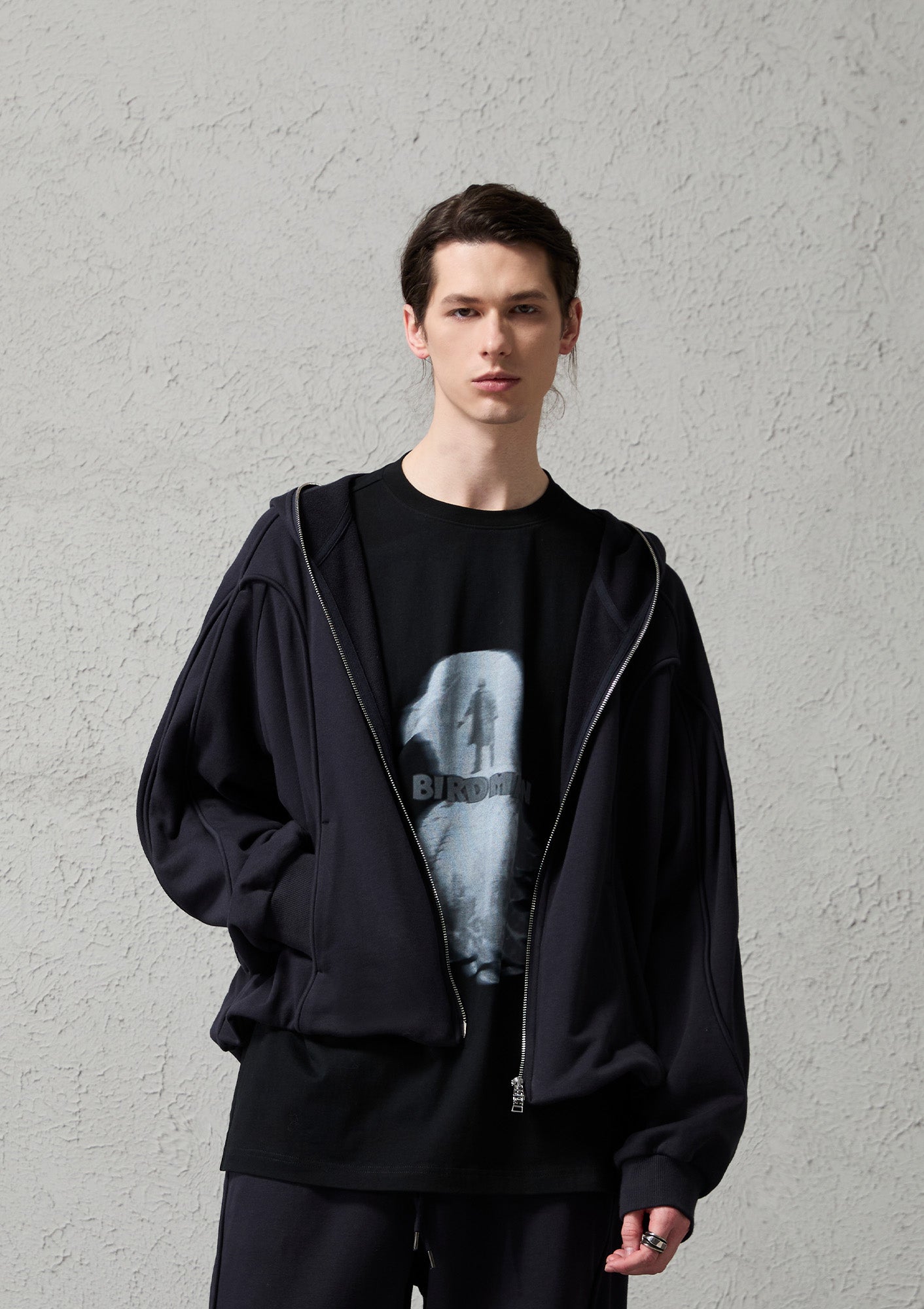 Curved Panel Drawstring-Hem Zip-Up Hoodie