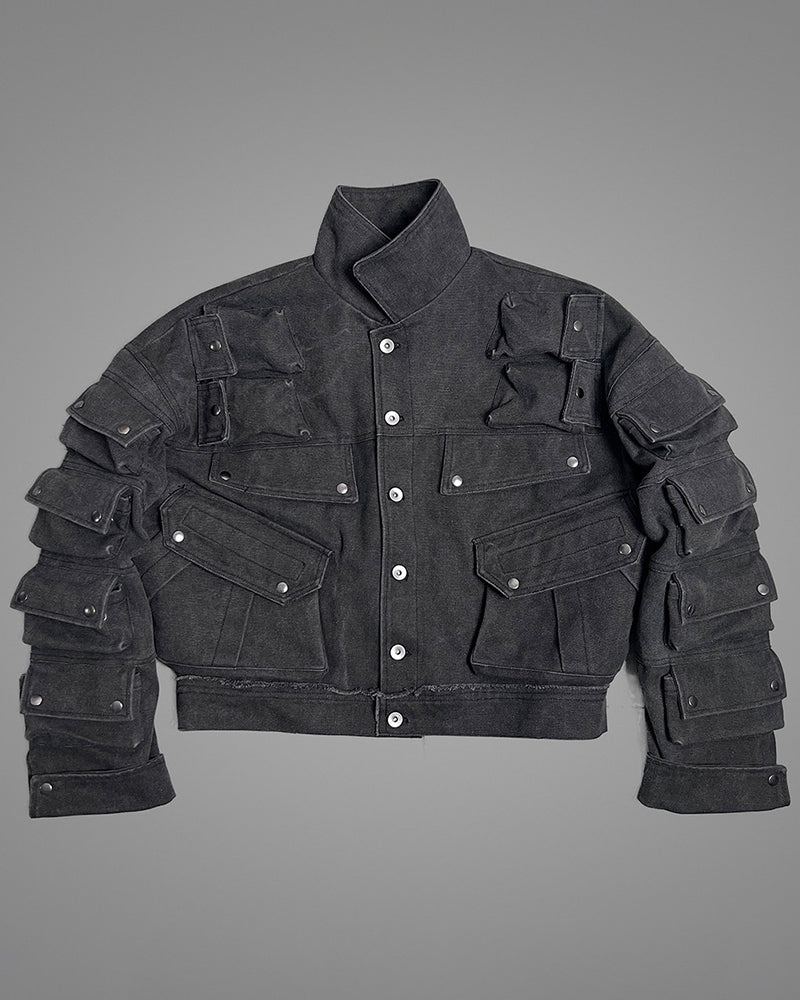 Dystopian Modular Multi-Pocket Armored Denim Jacket