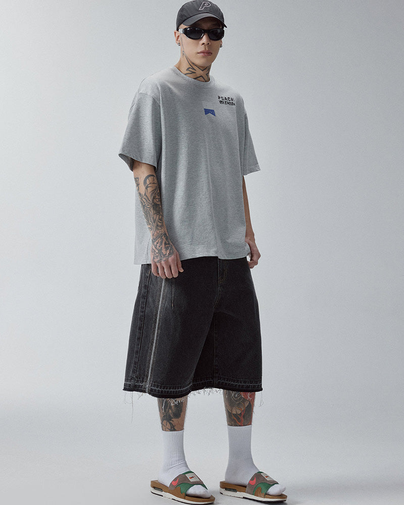 Washed Denim Panel Shorts