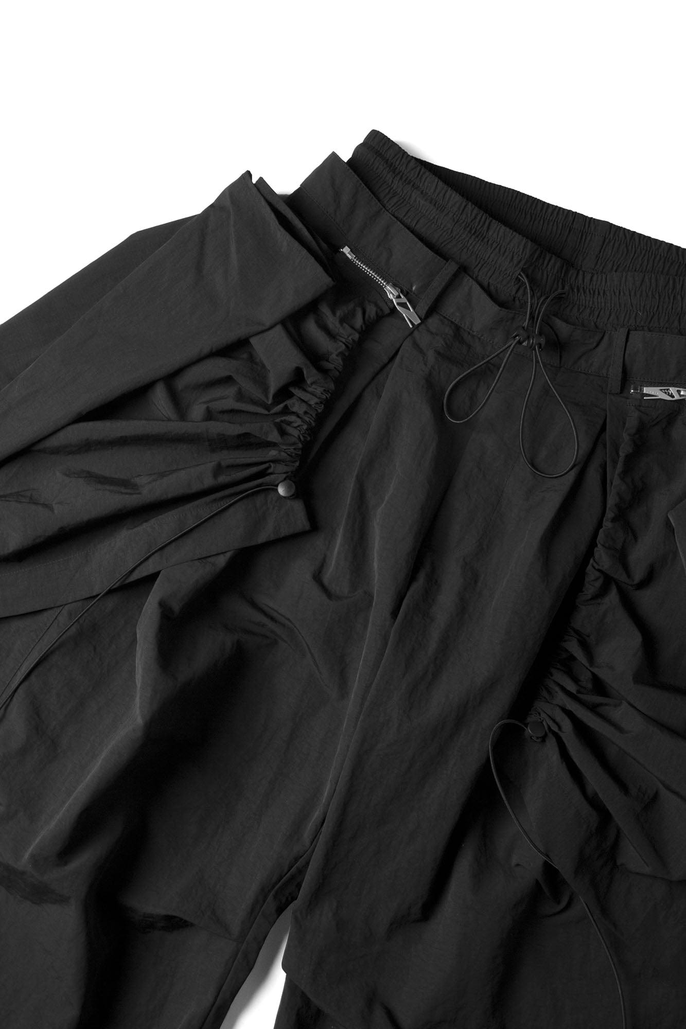 Drawstring Layered Double-Waistband Parachute Pants Black