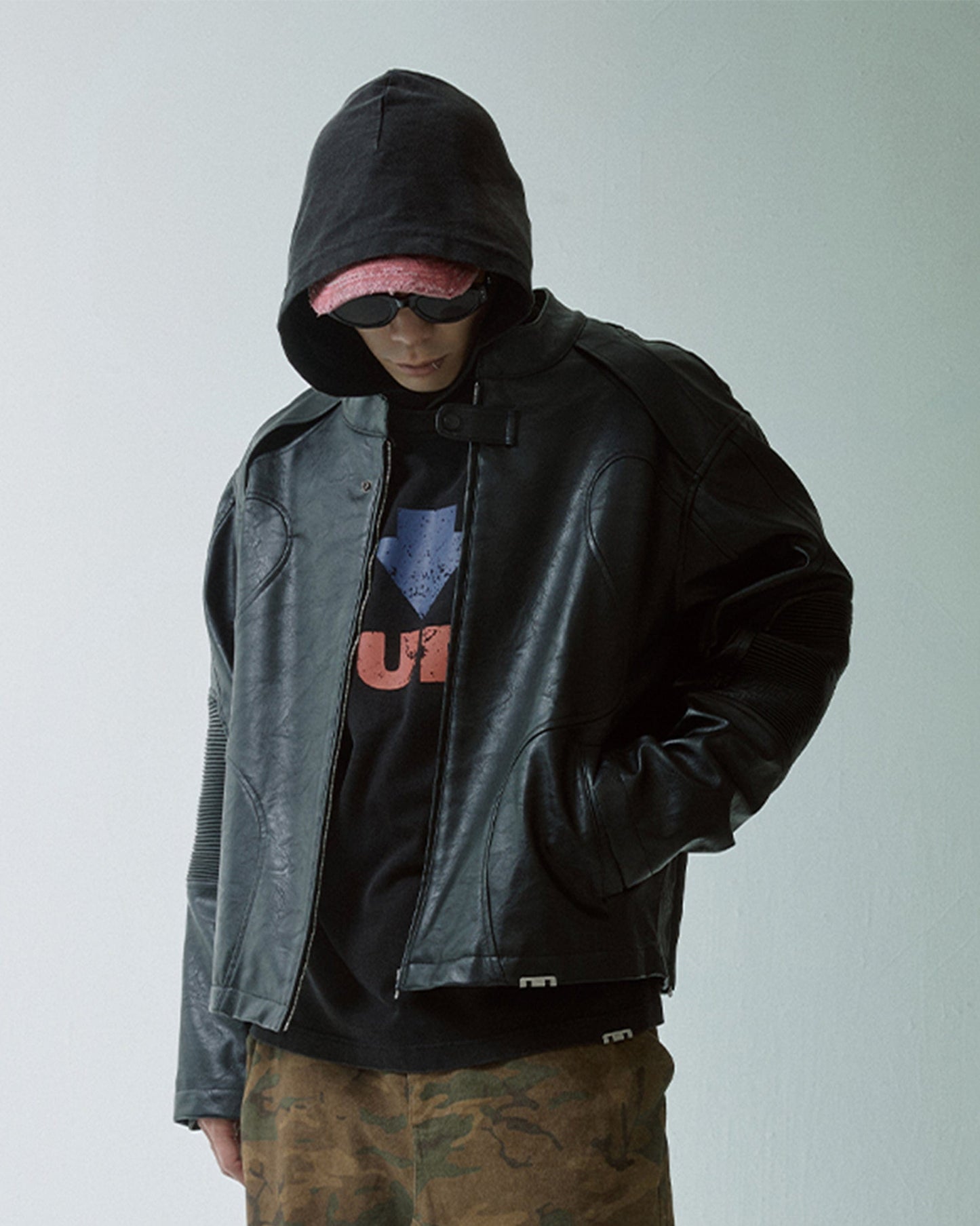 Modern Deconstructed Faux Leather Biker Jacket Black
