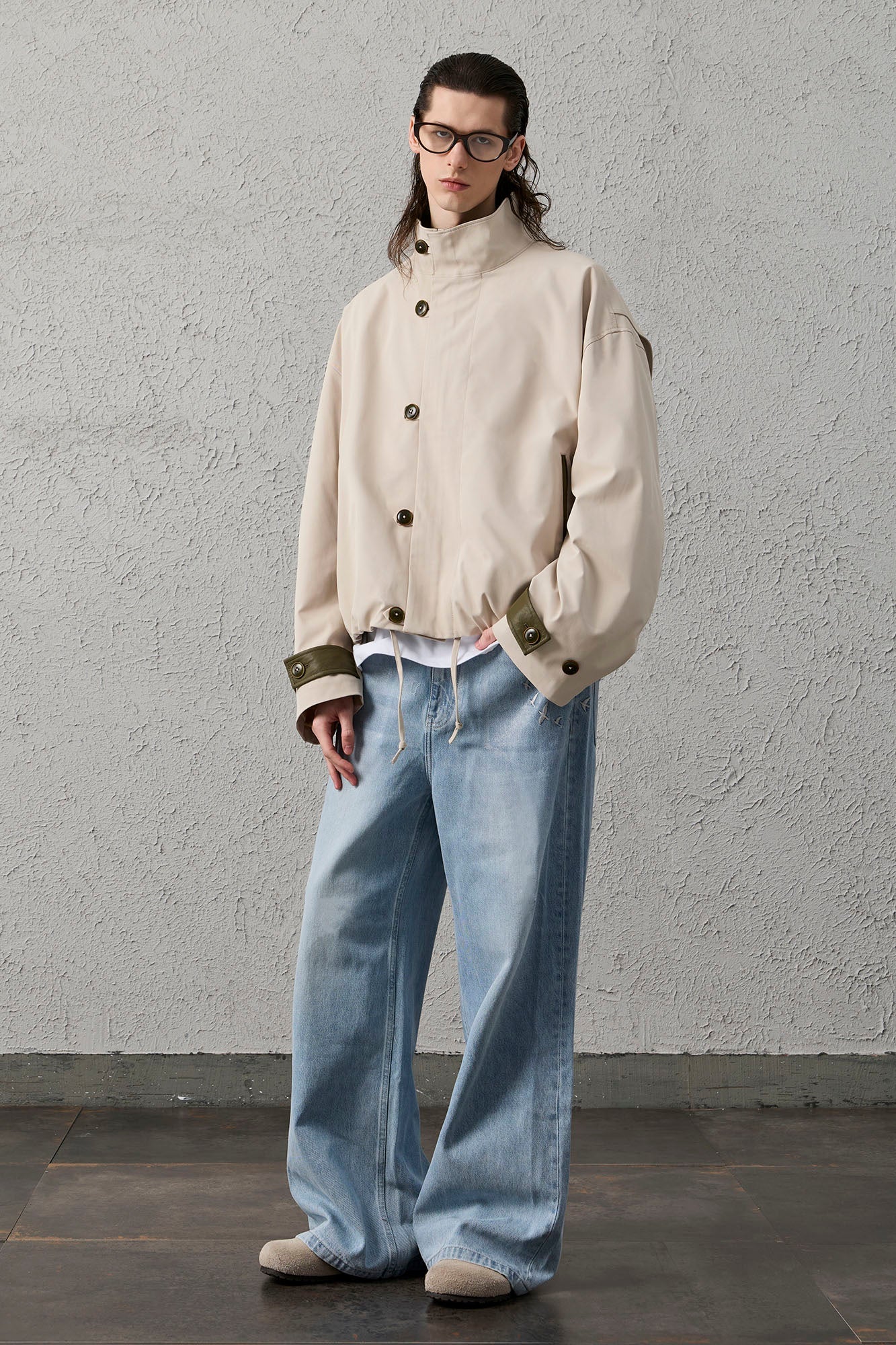 Stand Collar PU Drawstring Jacket