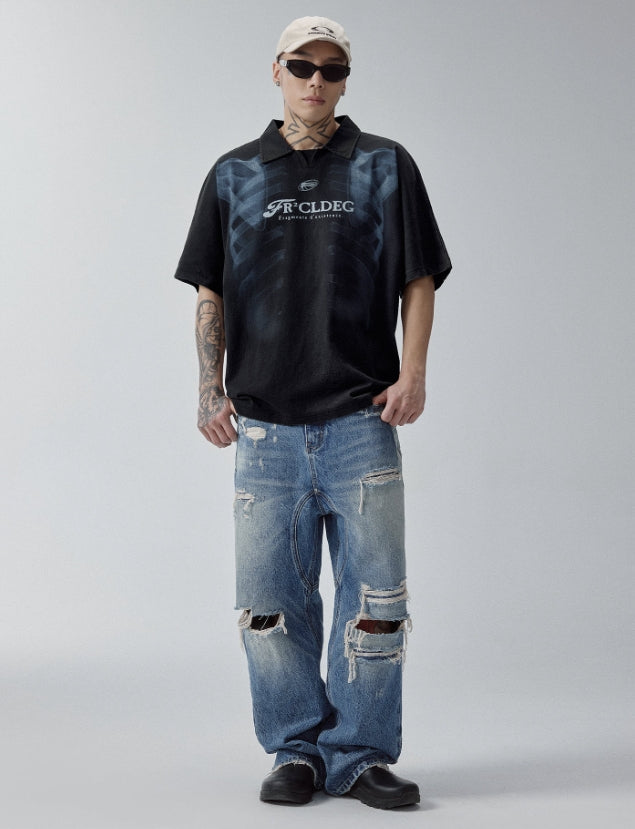 Washed Vintage Skeleton Print Polo Shirt