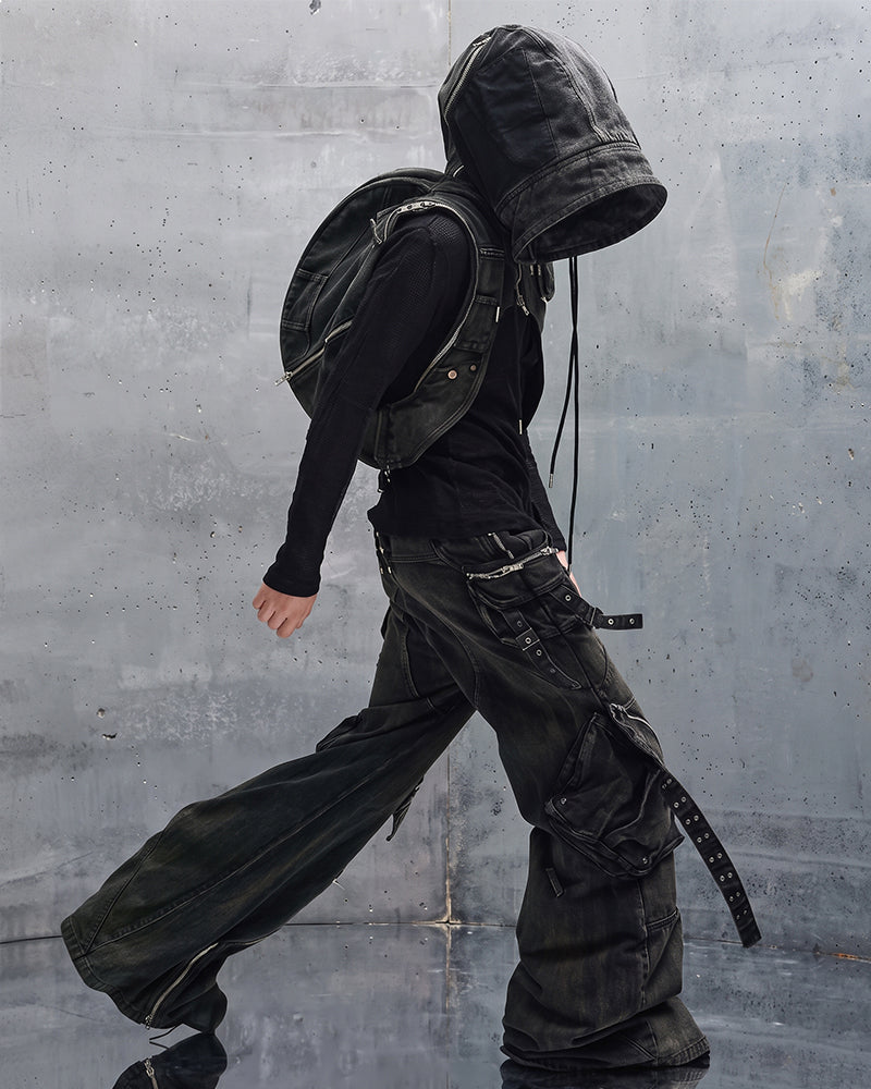 Dystopian Multi-Zip Hooded Utility Backpack Vest
