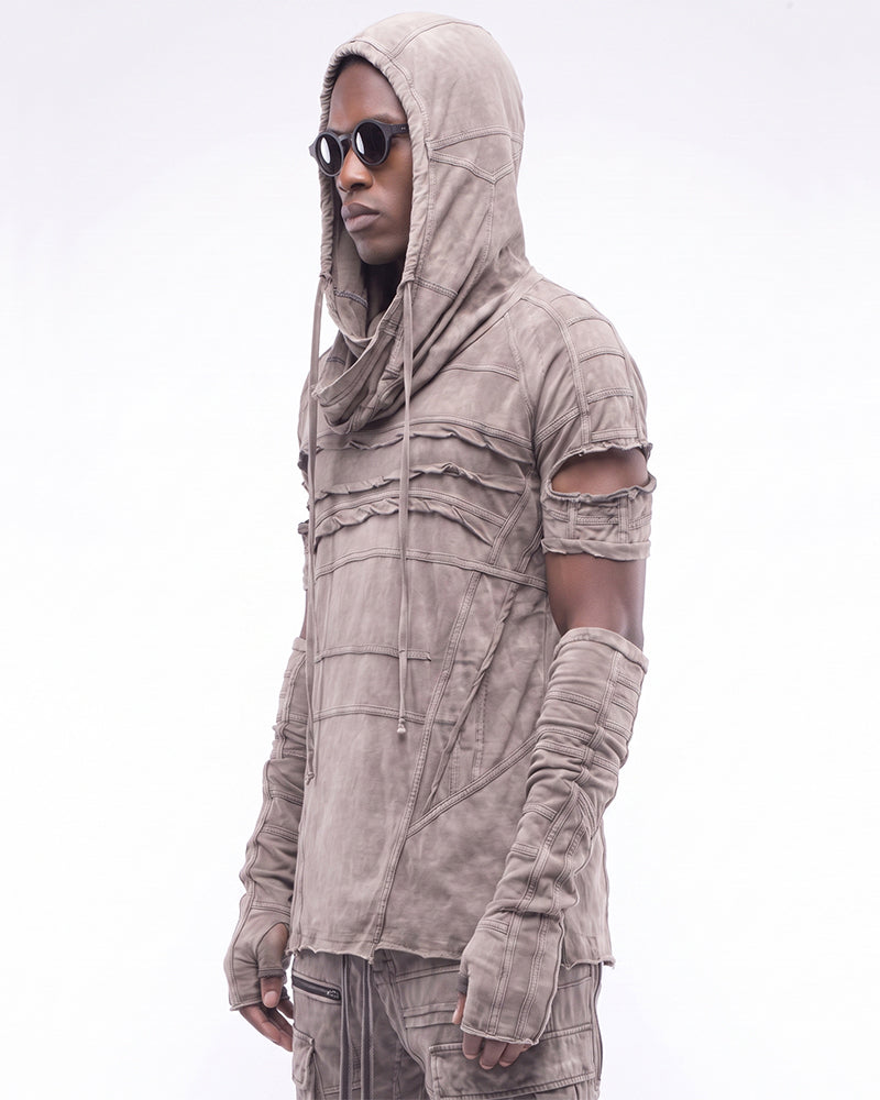 Wasteland Washed Distressed Hooded Tee with Detachable Sleeves