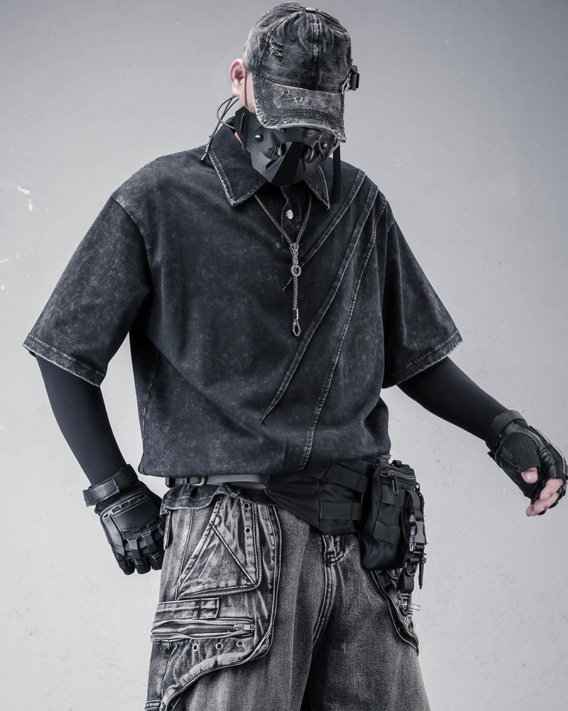 Washed Black Asymmetric Deconstructed Polo Shirt