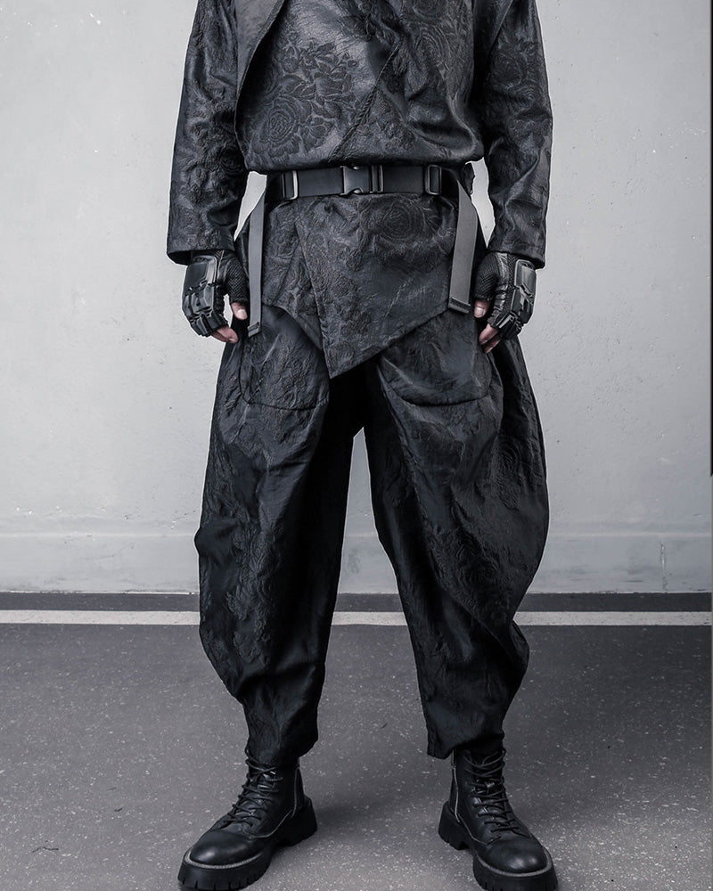 Embossed Floral Techwear Harem Pants
