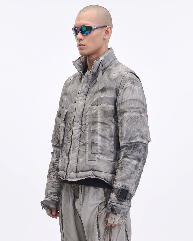 Dystopian Distressed Cropped Multi-Pocket Down Jacket