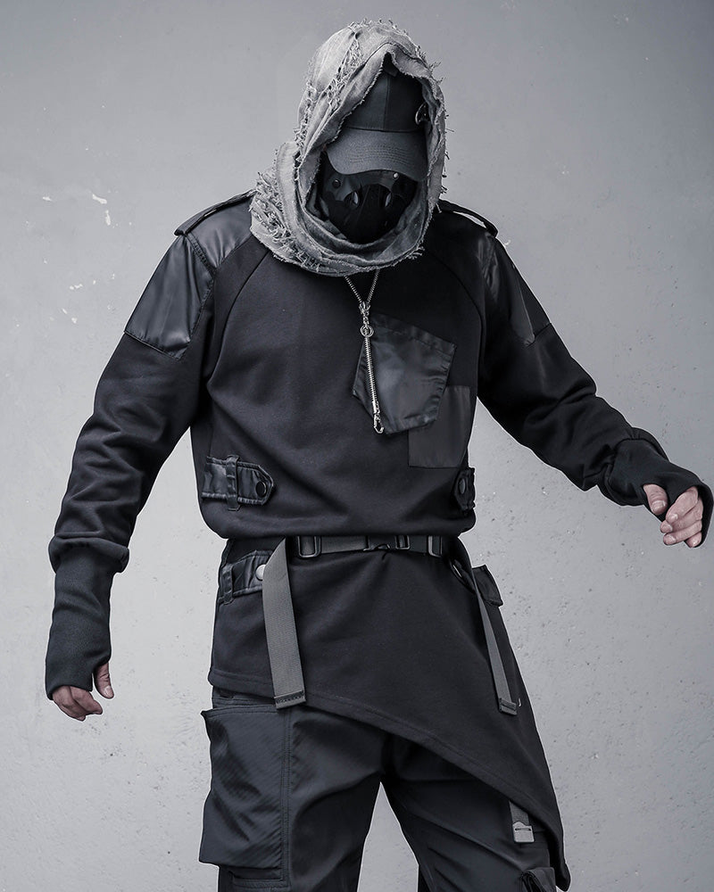 High-Street Techwear Asymmetric Patchwork Cargo Sweatshirt