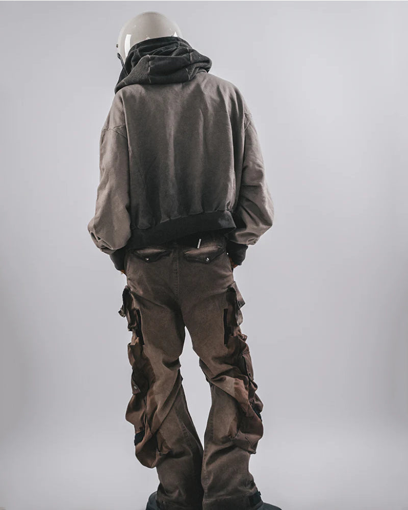 Washed Distressed Cropped Zip-Up Hoodie