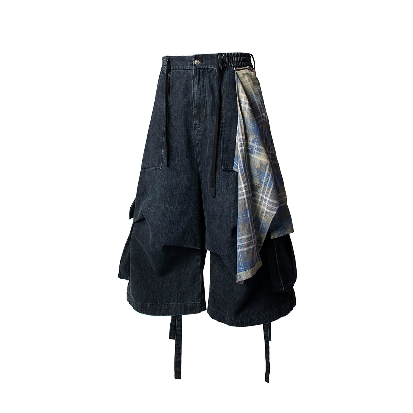 Detachable Plaid Drape Denim Shorts