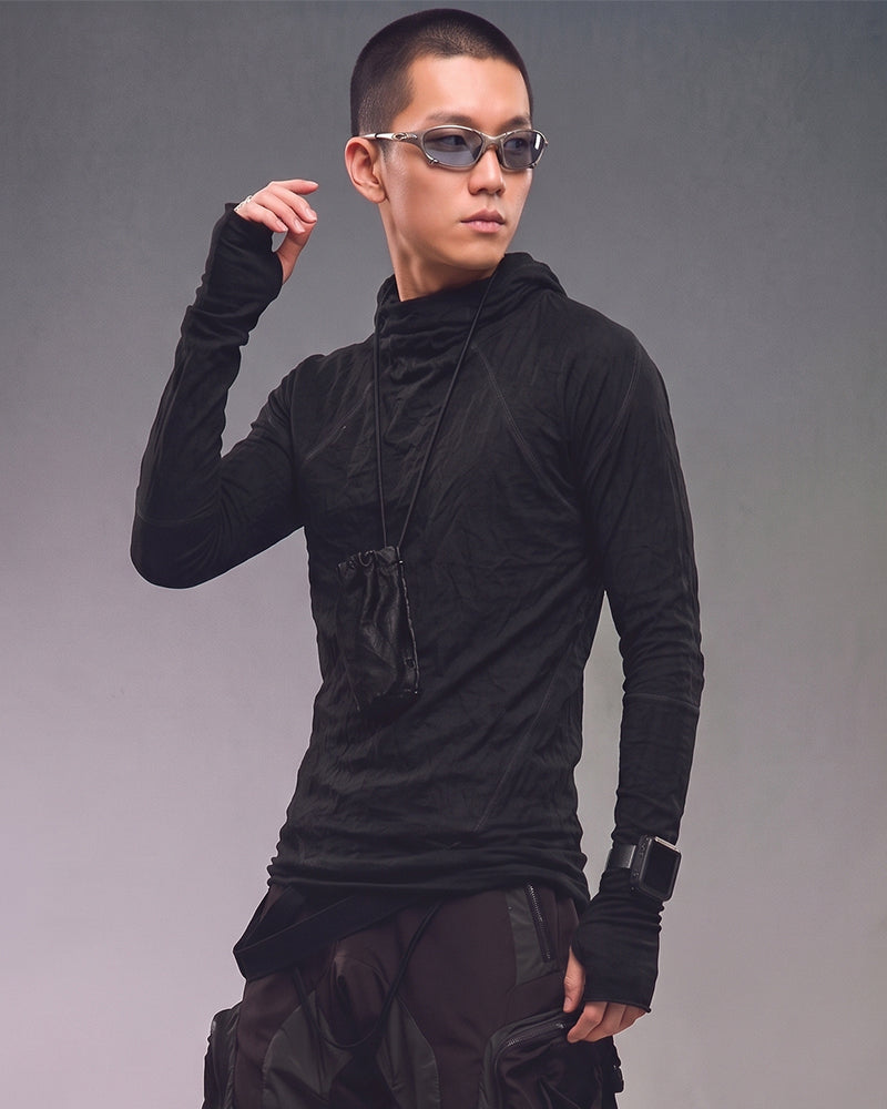 Dystopian Dark Hooded Masked Long Sleeve T-Shirt