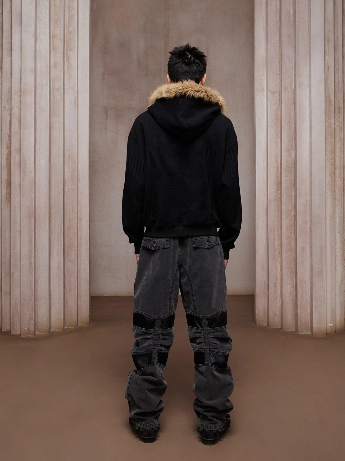 Washed Paneled Strap-Tacked Jeans