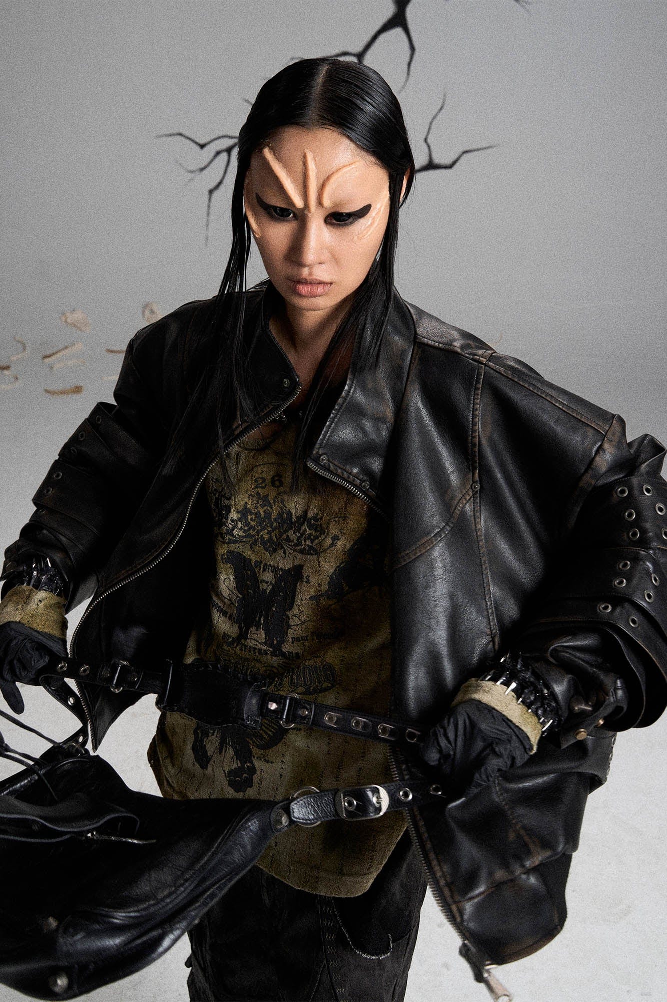 Mutation Layered Armor Spliced Faux Leather Jacket Black