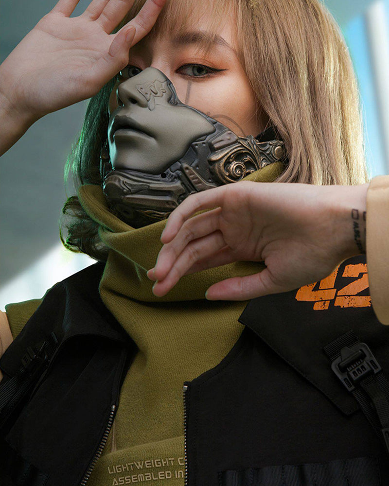 Cyberpunk Outfits Layered Fleece-Lined High-Neck Sweatshirt