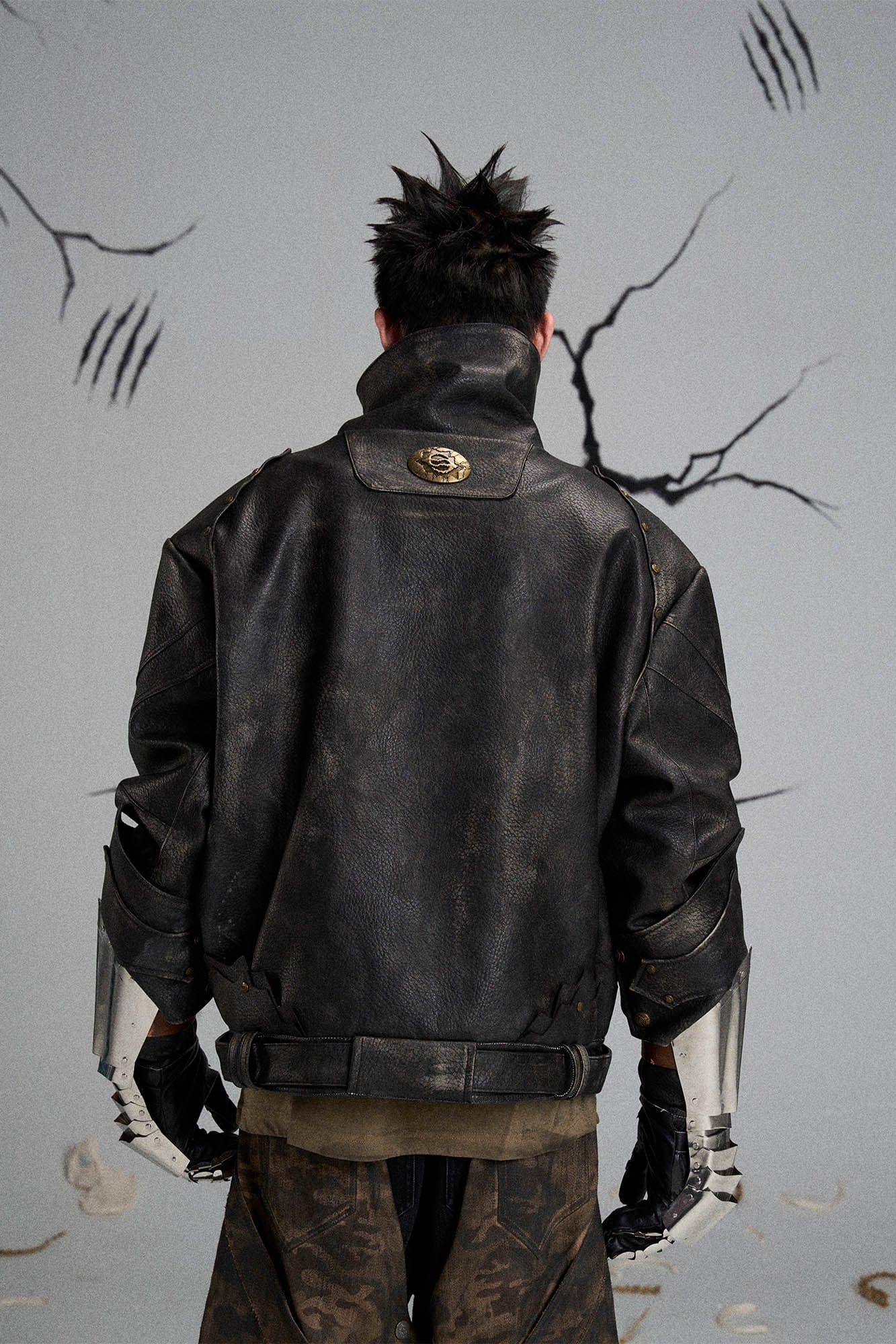 Mutation Knight Armor Distressed High-Collar Faux Leather Jacket