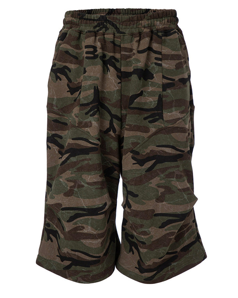 Washed Camo Oversized Curved Knee Shorts