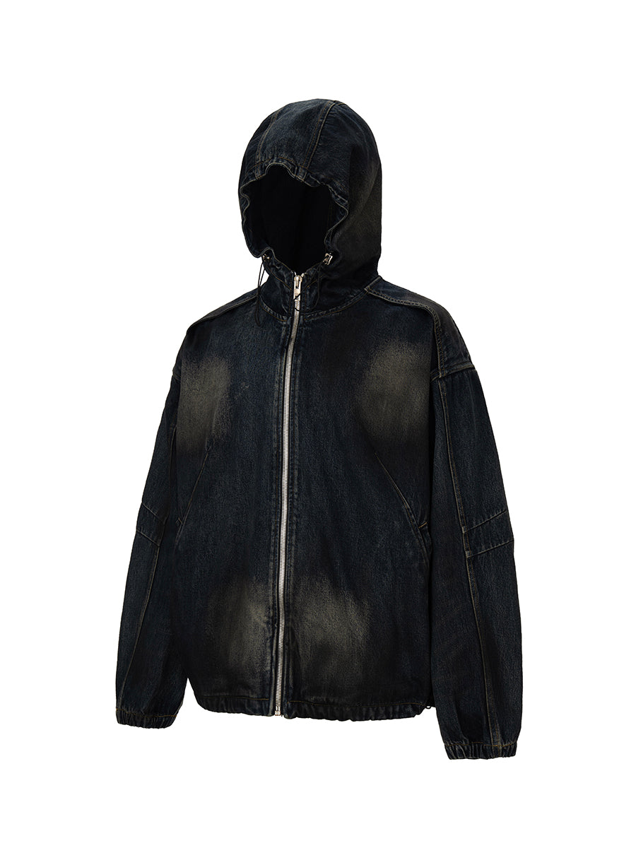 Washed Paneled Denim Hooded Jacket