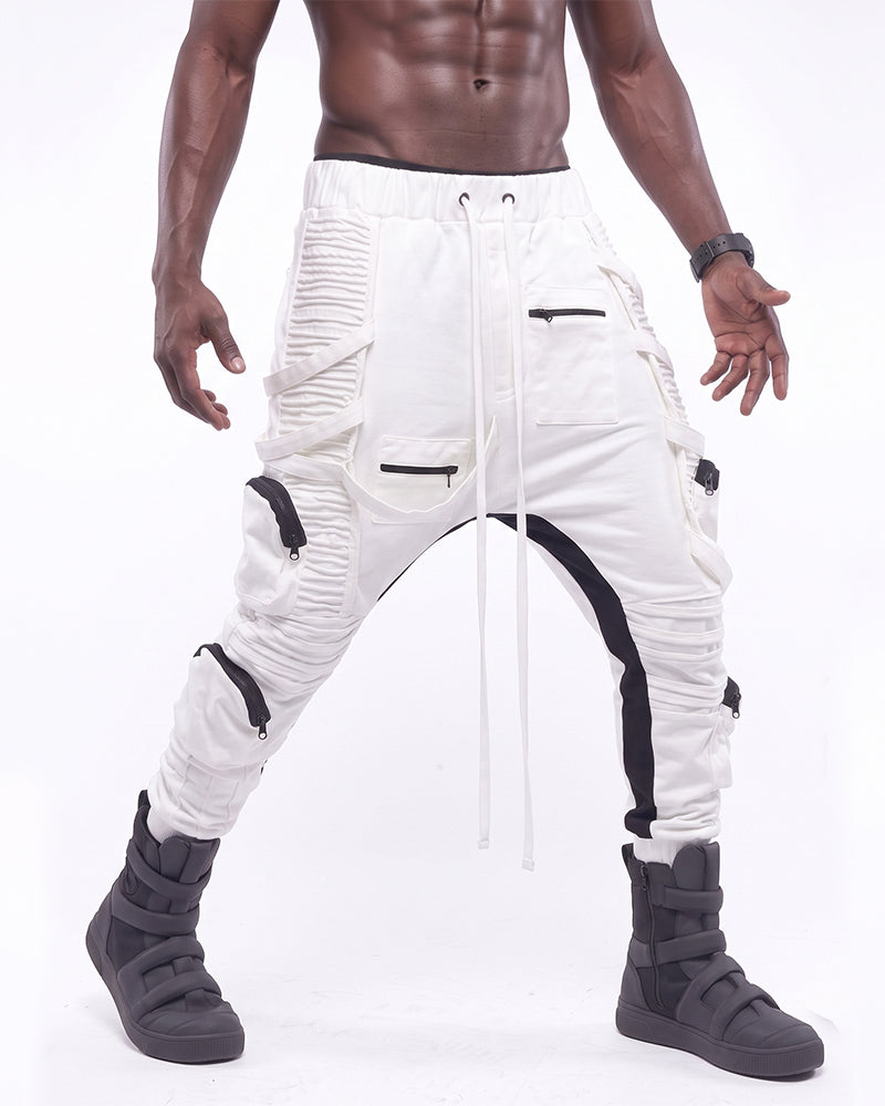 Dystopian Ruched Contrast Drop‑Crotch Cargo Pants