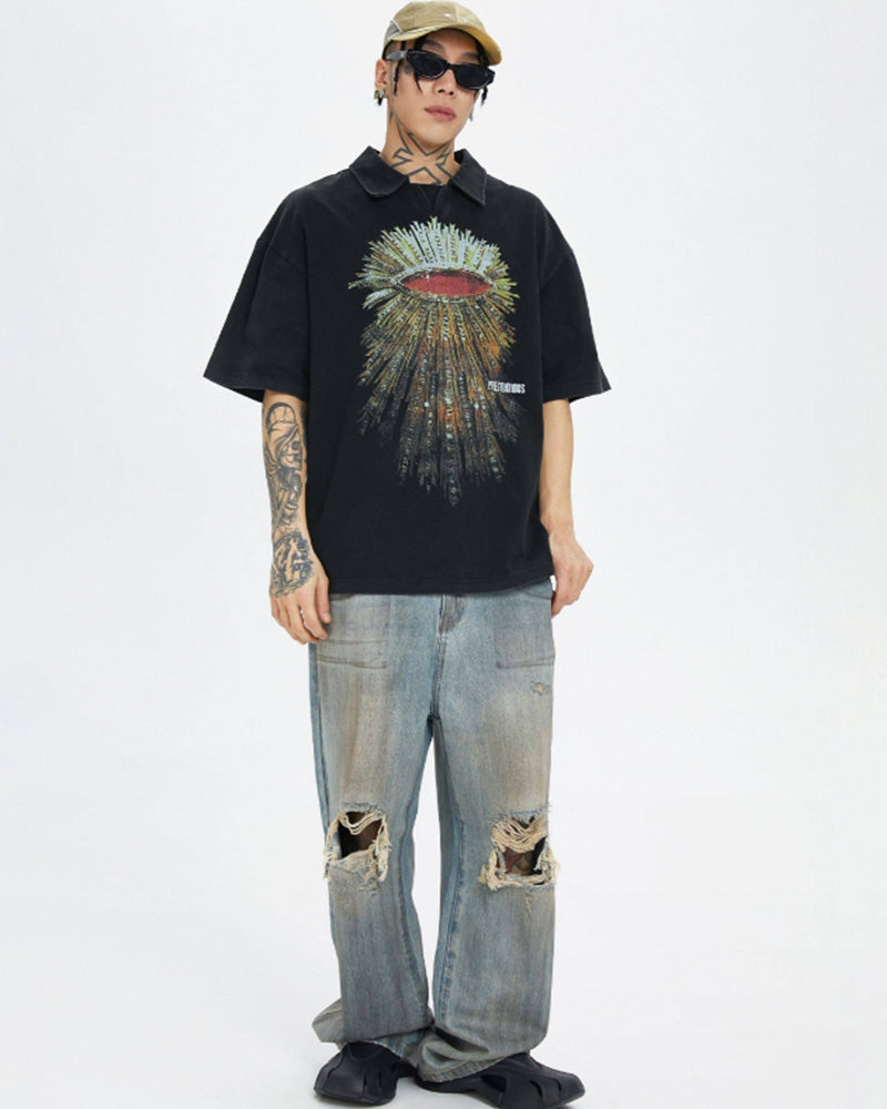 Washed Vintage Radiant Eye Print Polo T-Shirt