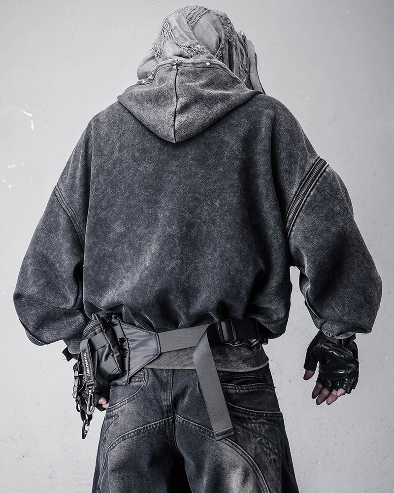 Wasteland Distressed Washed Multi-Zip Techwear Hoodie