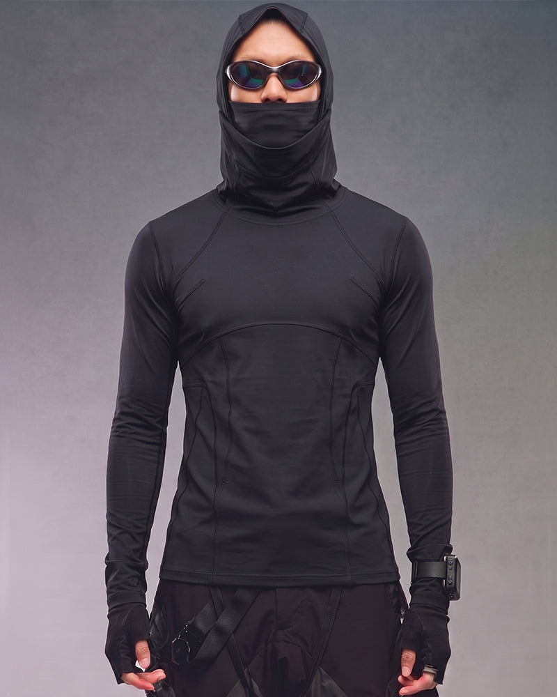 Wasteland Mesh‑Patchwork Ninja‑Hood Long‑Sleeve T-Shirt
