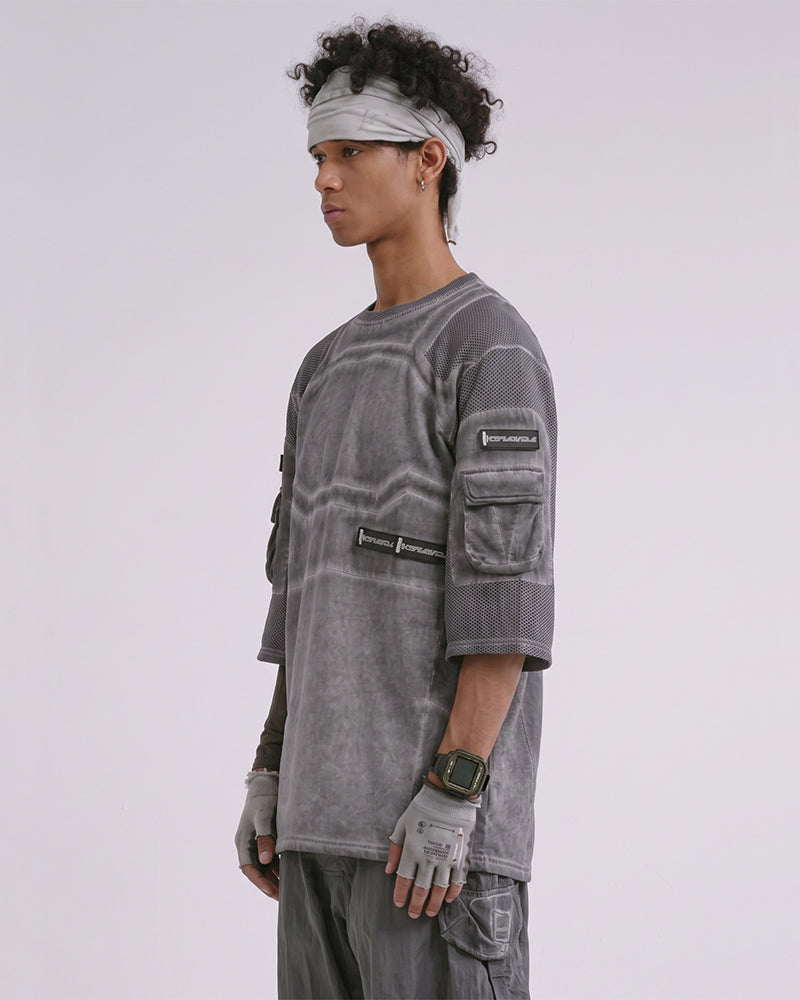 Post-Apocalyptic Dirty-Dye Mesh Velcro Pocket T-Shirt