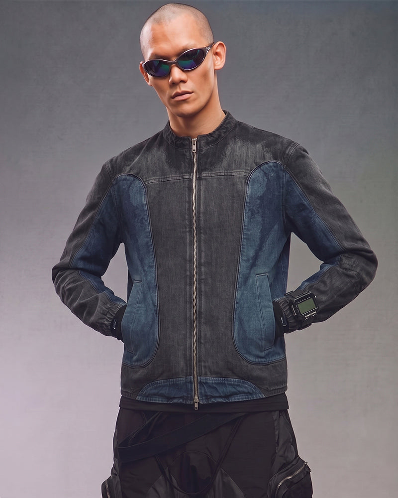 Wasteland Patchwork Biker Zip-Up Denim Jacket