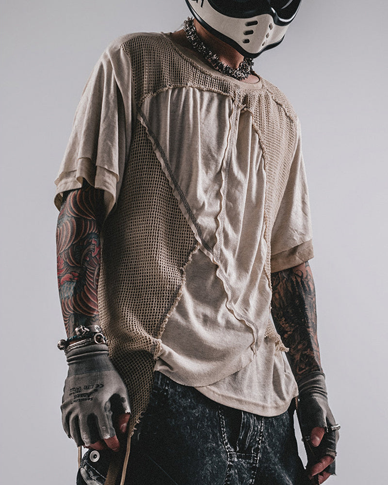 Wasteland Wear Distressed Dual-Layer Mesh Patchwork T-Shirt