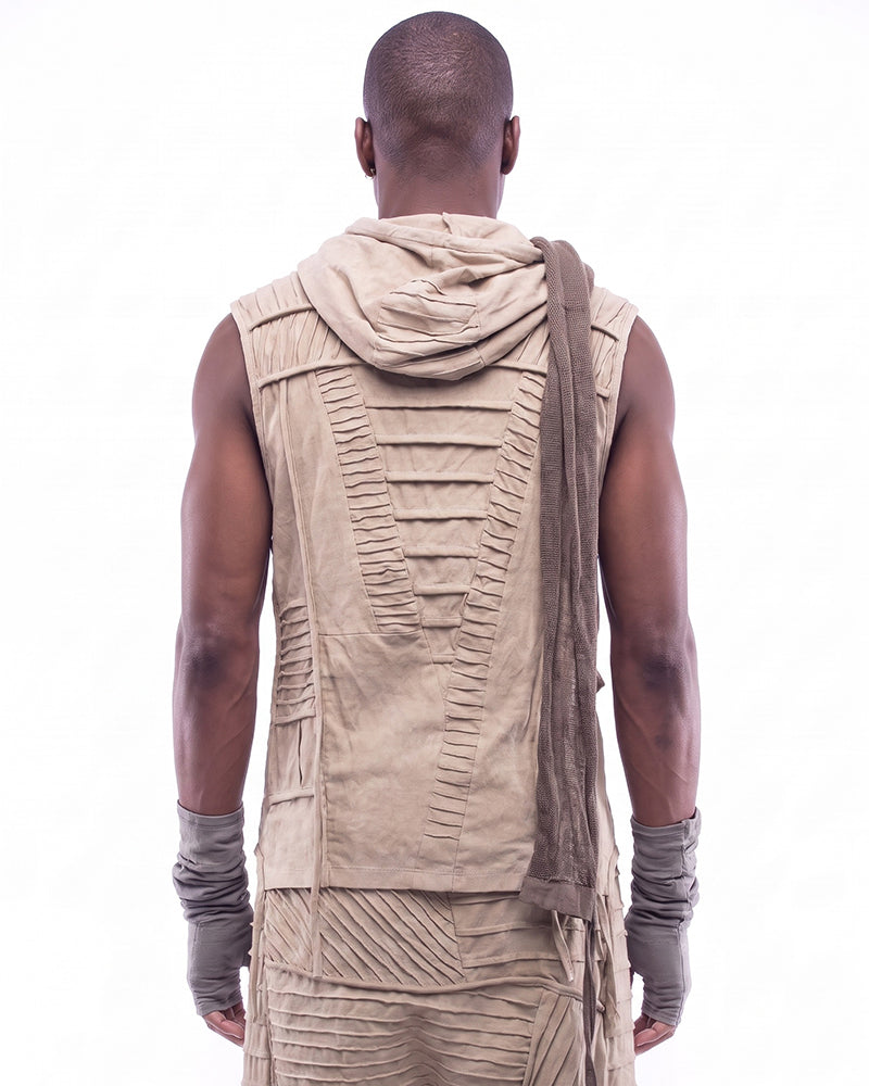 Wasteland Distressed Pleated Asymmetric Sleeveless Hooded Vest