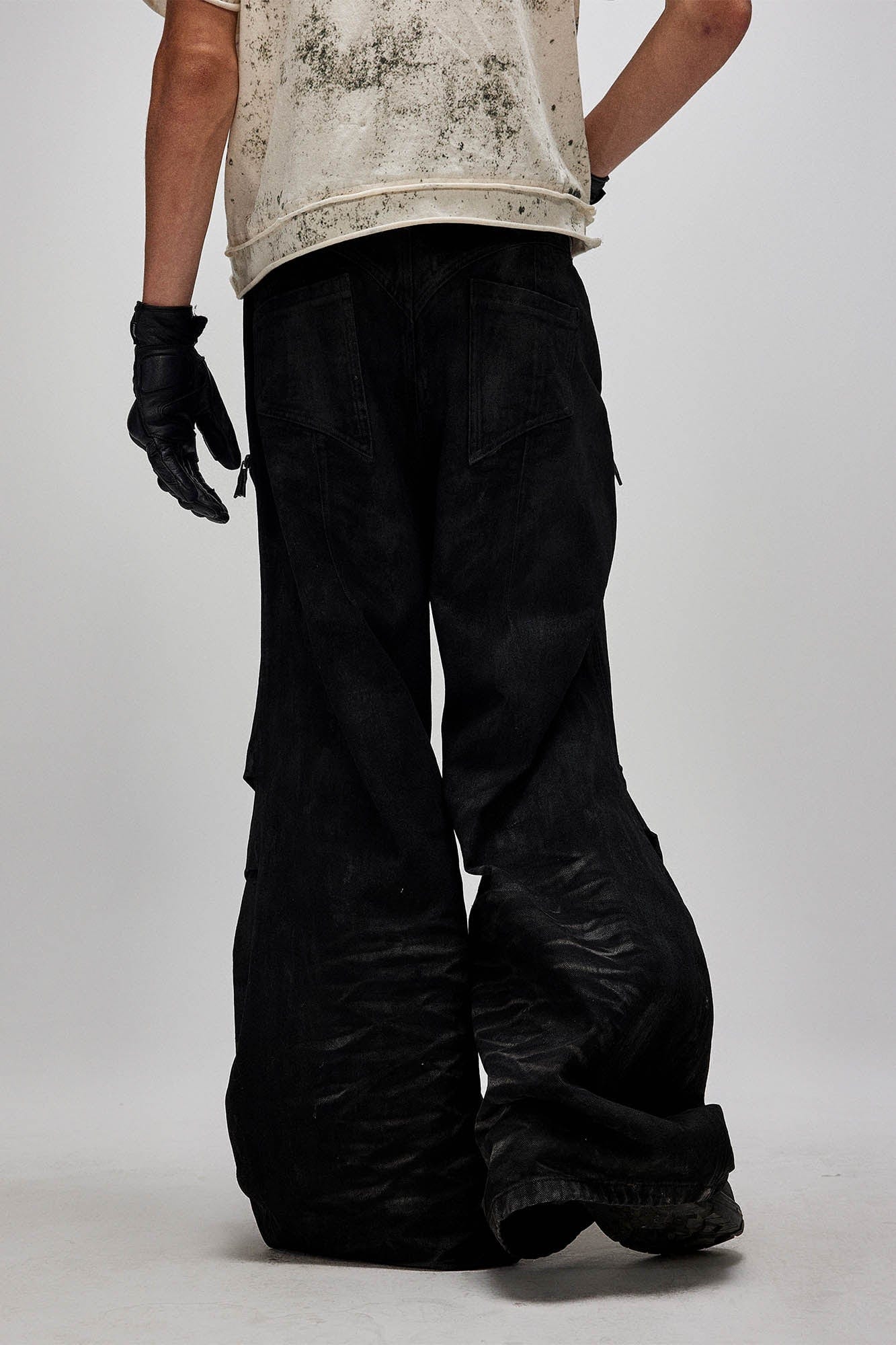Distressed Waxed Zipper-Paneled Scimitar Pants