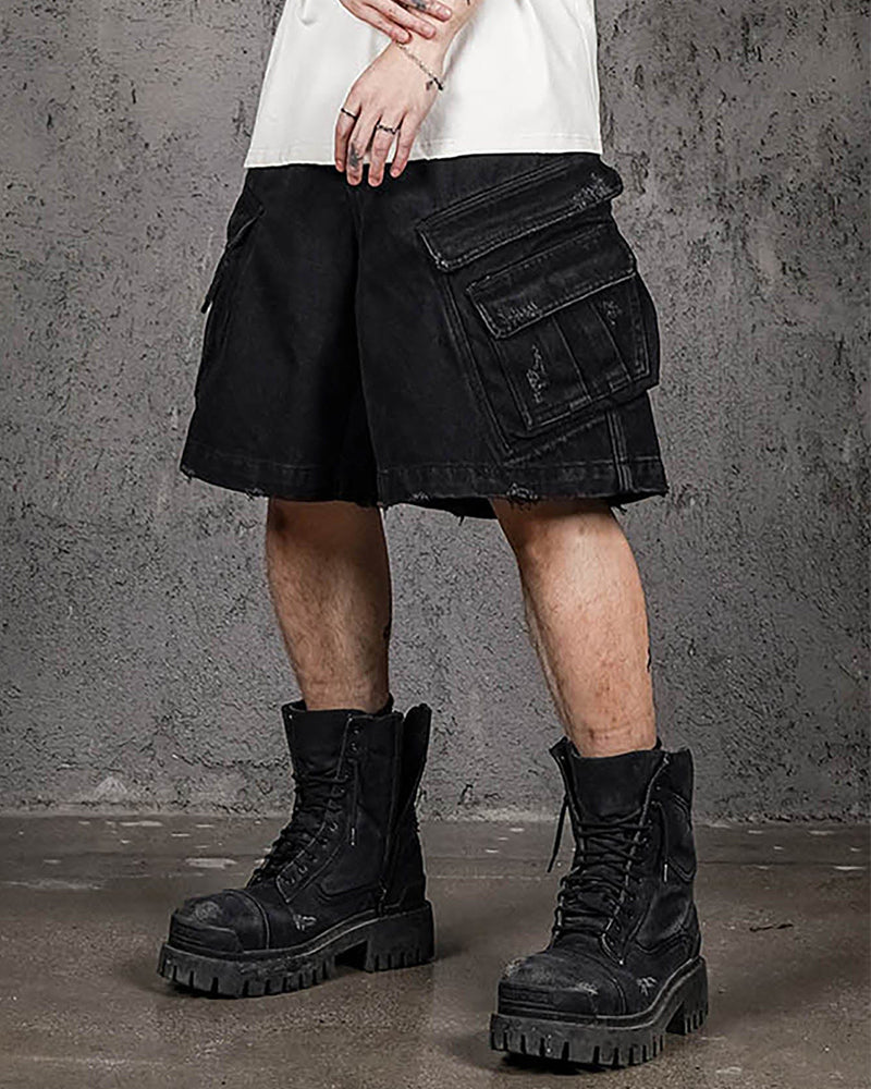 Layered-Pocket Distressed Denim Shorts