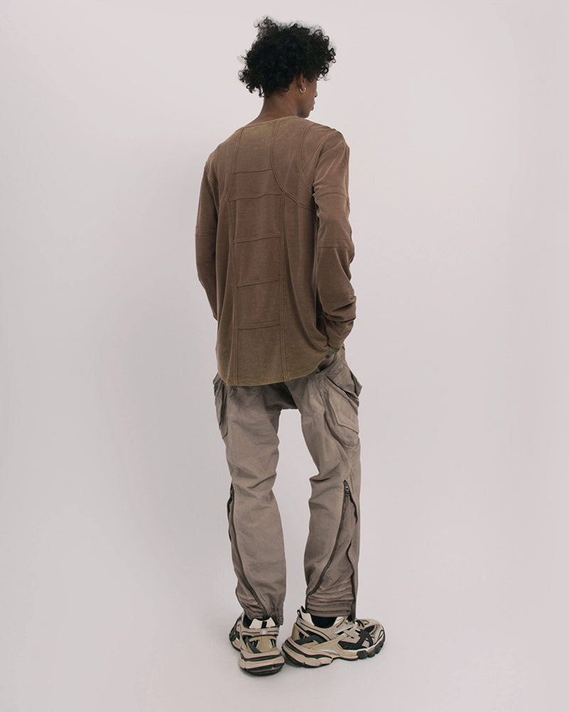 Washed Paneled Crew Neck Long-Sleeve Tee