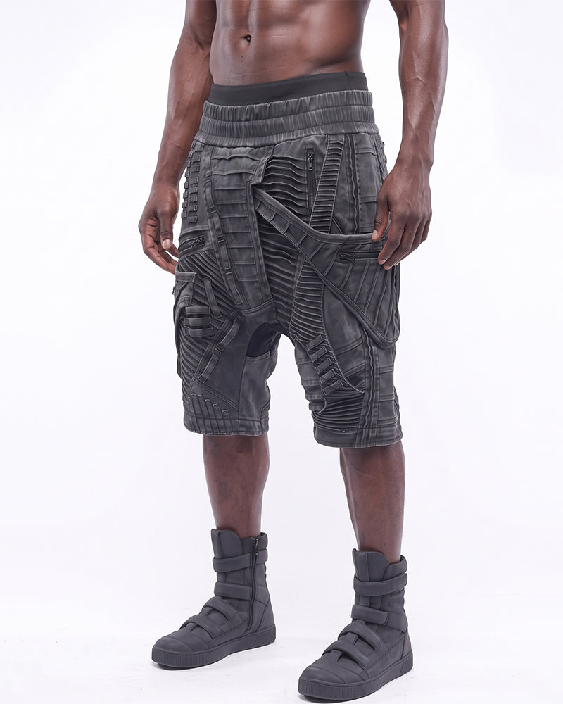 Wasteland Asymmetric Pleated Multi-Zip Drop-Crotch Shorts