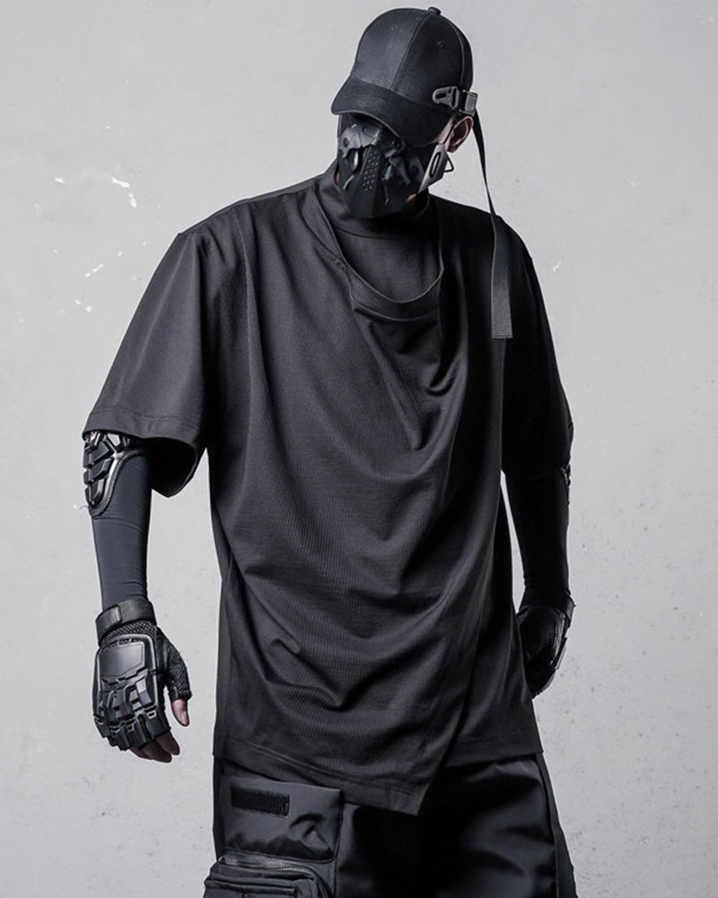 Techwear Draped Neck Asymmetrical Hem T-Shirt