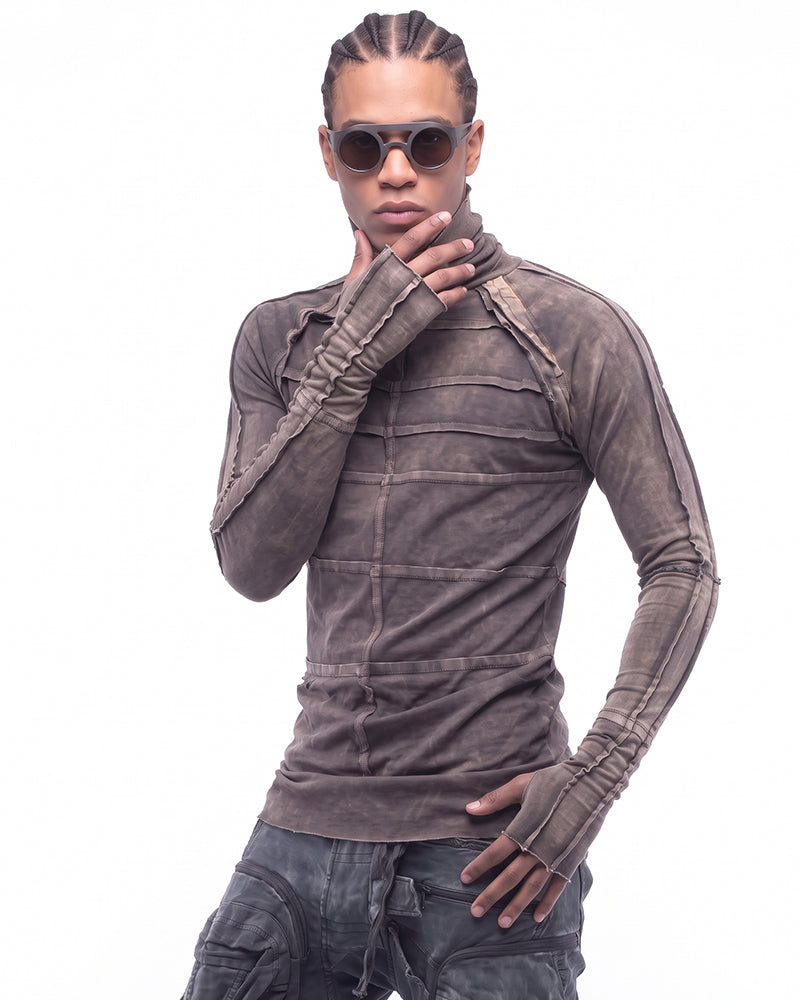 Dystopian Distressed Paneled Turtleneck Long Sleeve Top