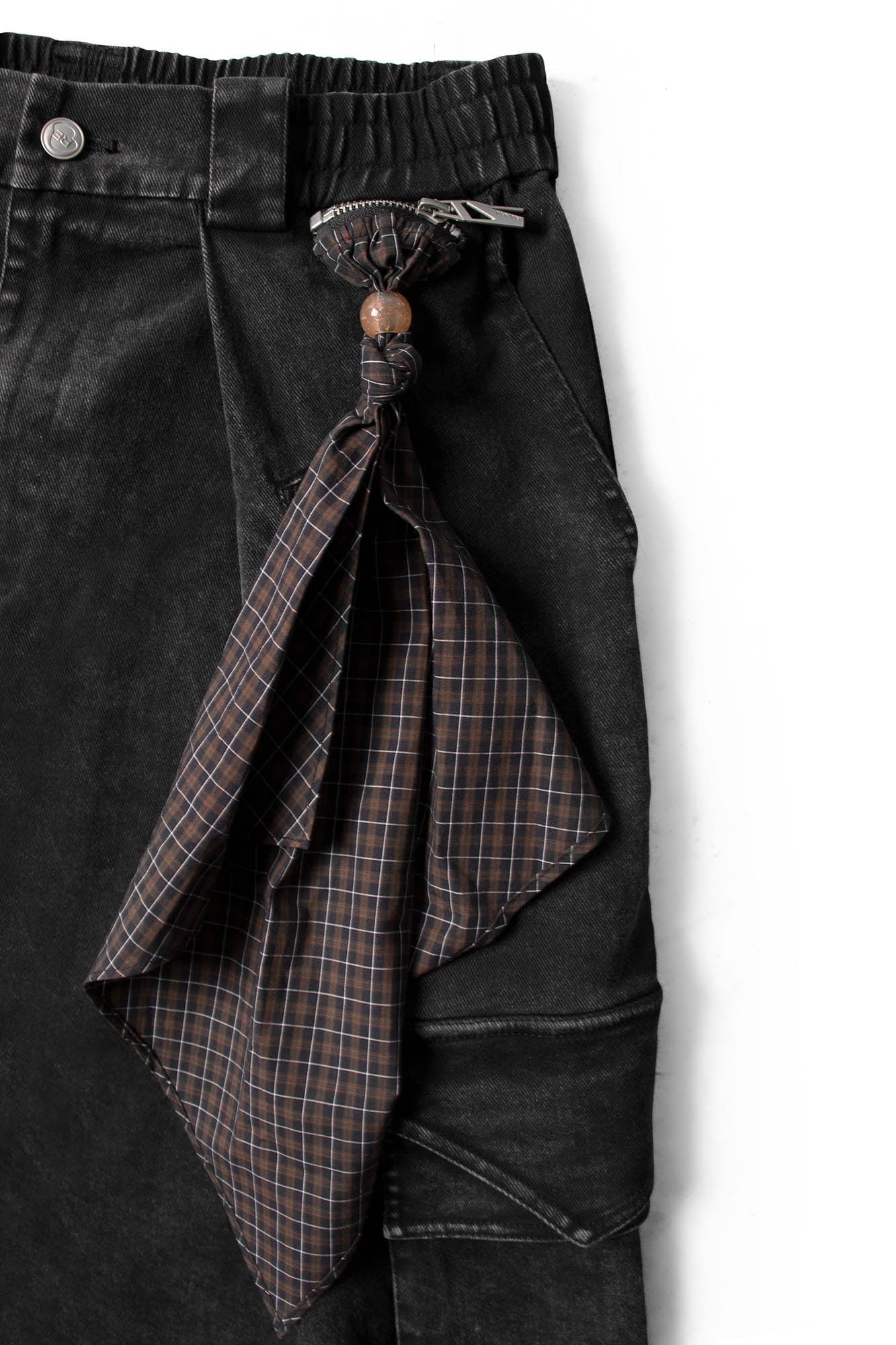 Detachable Scarf Washed Multi-Pocket Wide-Leg Shorts Black
