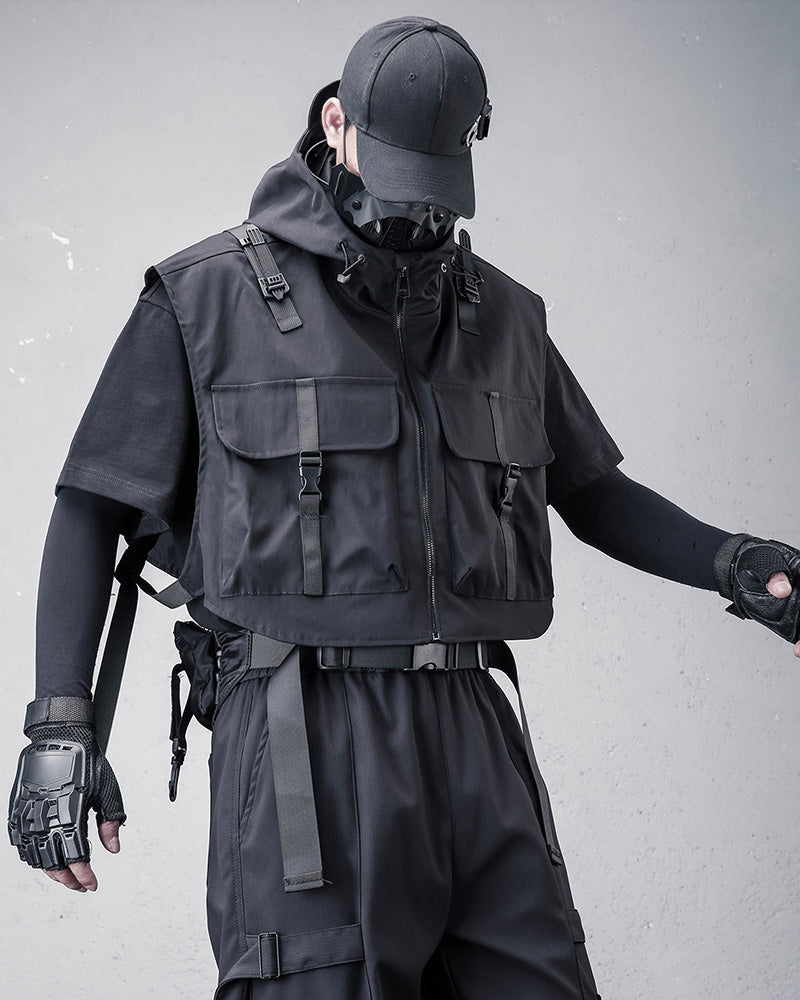 Techwear Tactical Utility Hooded Black Vest