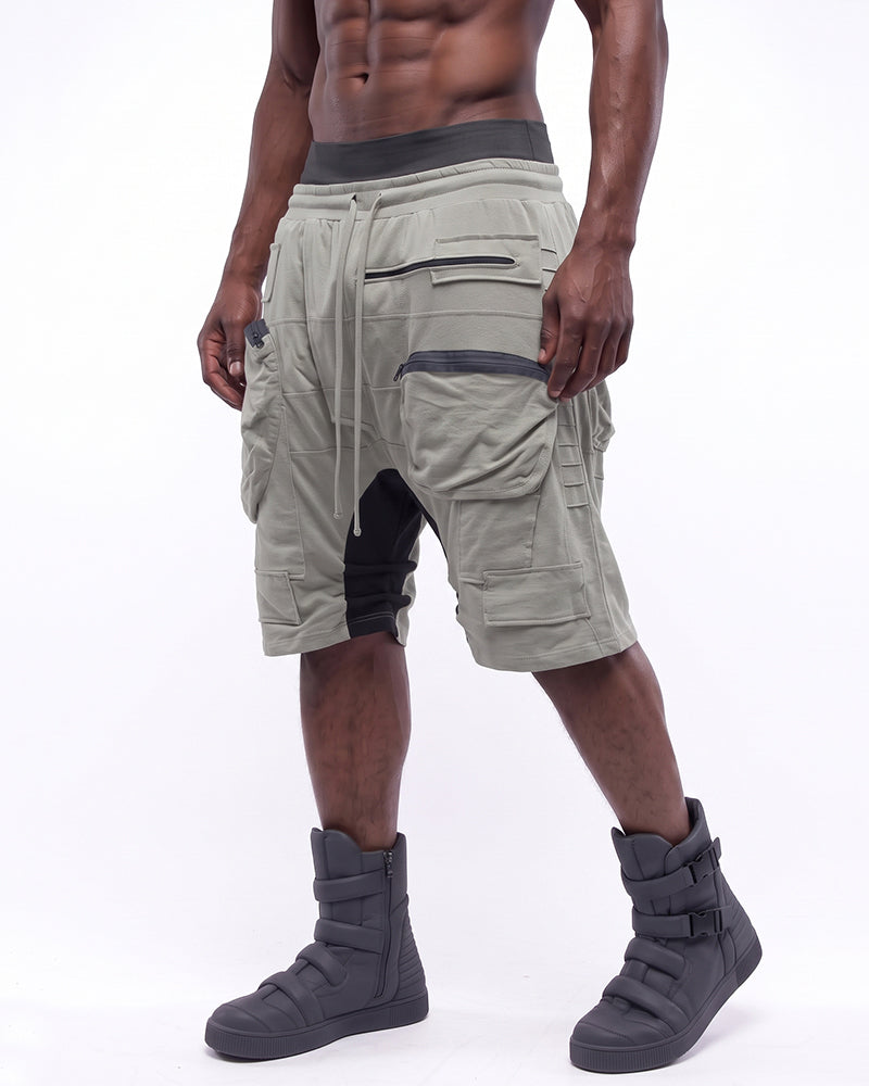 Wasteland Multi-Zip Cargo Contrast Drop-Crotch Shorts