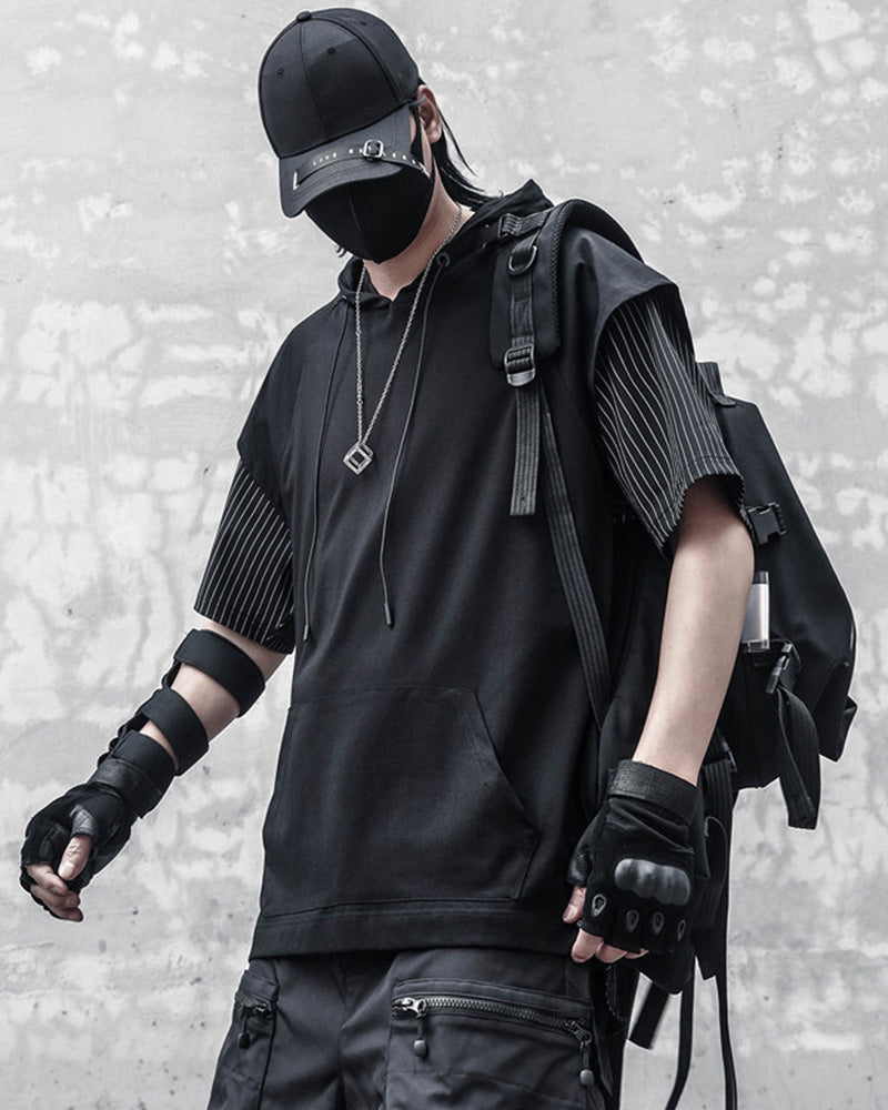 Layered Pinstripe Hooded Techwear T-Shirt