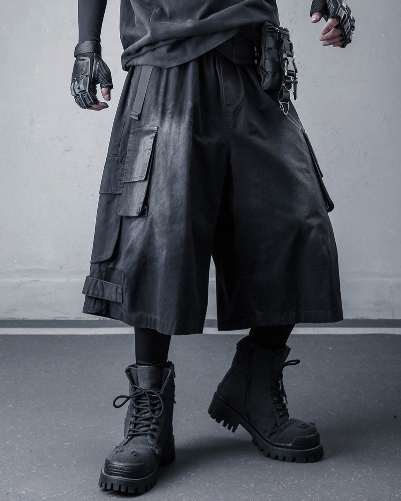 Techwear Distressed Wide-Leg Cargo Shorts