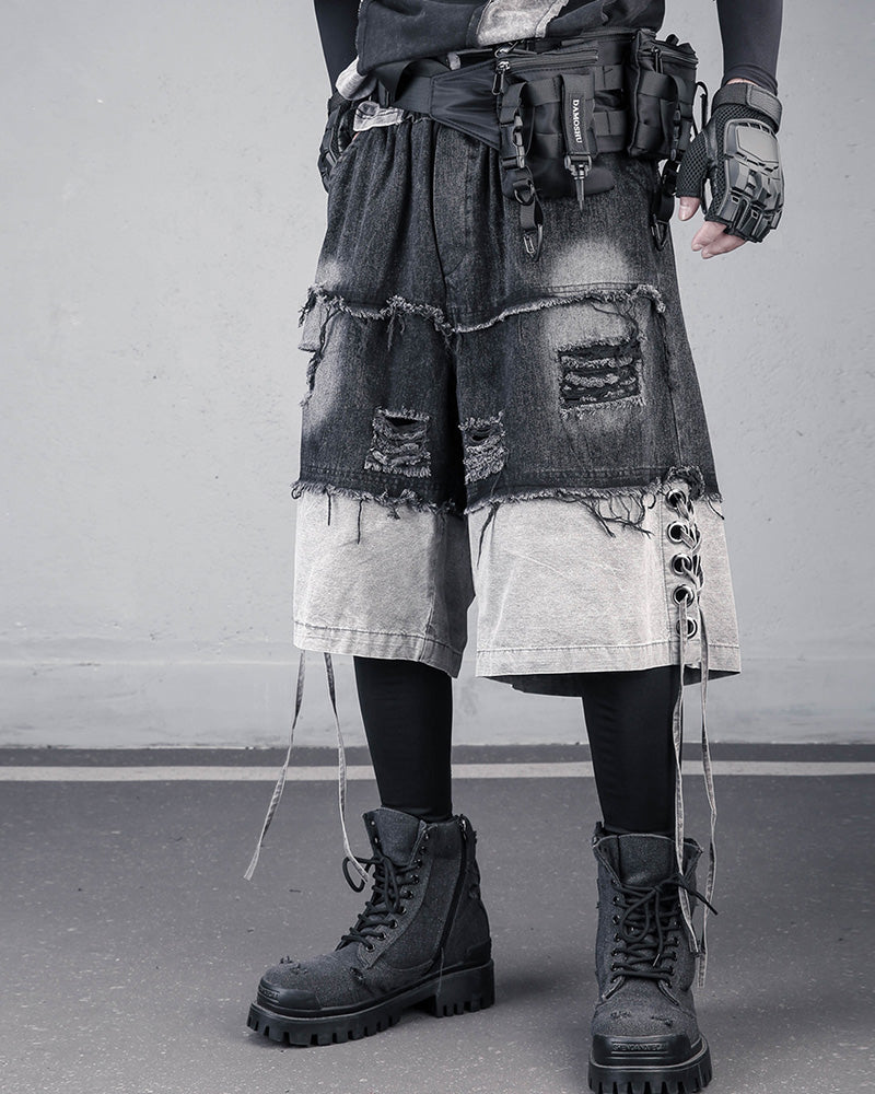 High-Street Wasteland Ripped Hem Washed Denim Shorts