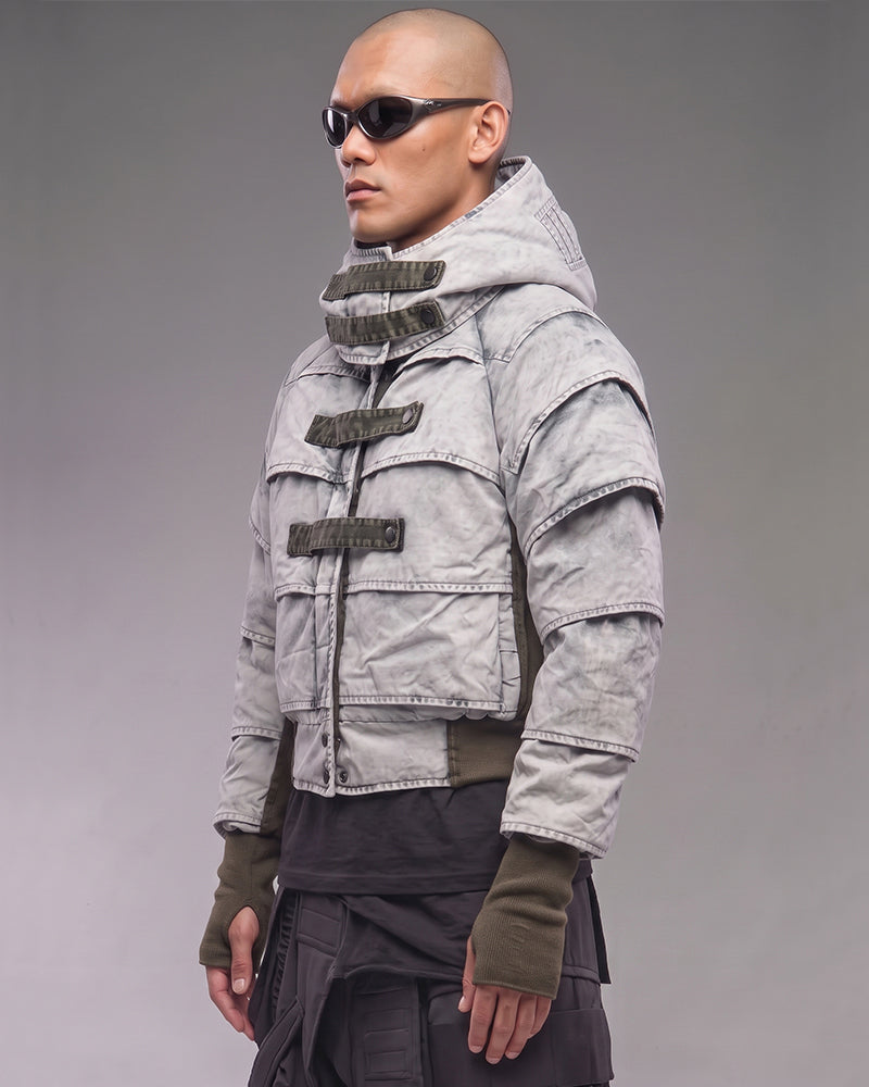 Post-Apocalyptic Distressed Pleated Cropped Hooded Jacket