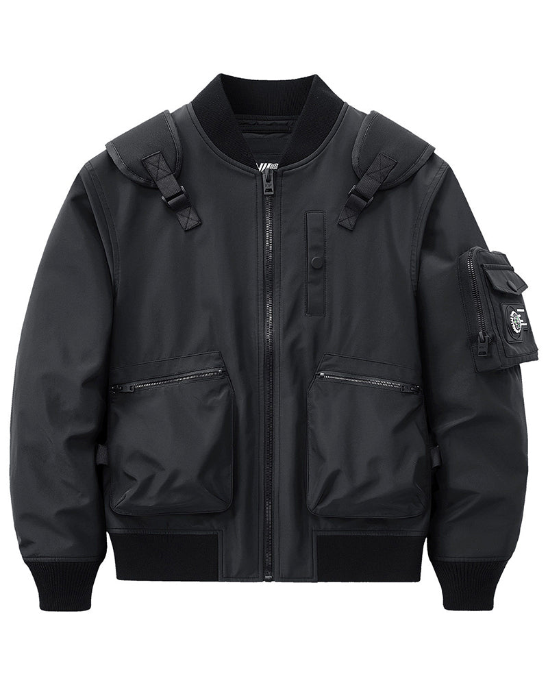 Functional Fake Two Piece Backpack Bomber Jacket