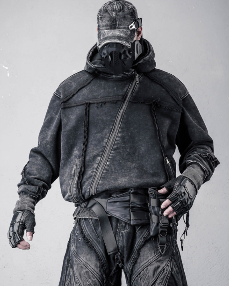 Washed Distressed Asymmetric Zip Techwear Hoodie