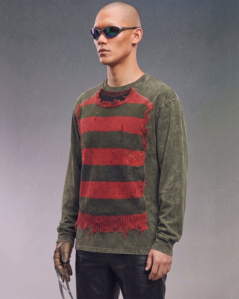 Wasteland Distressed Knit Print Long Sleeve Tee
