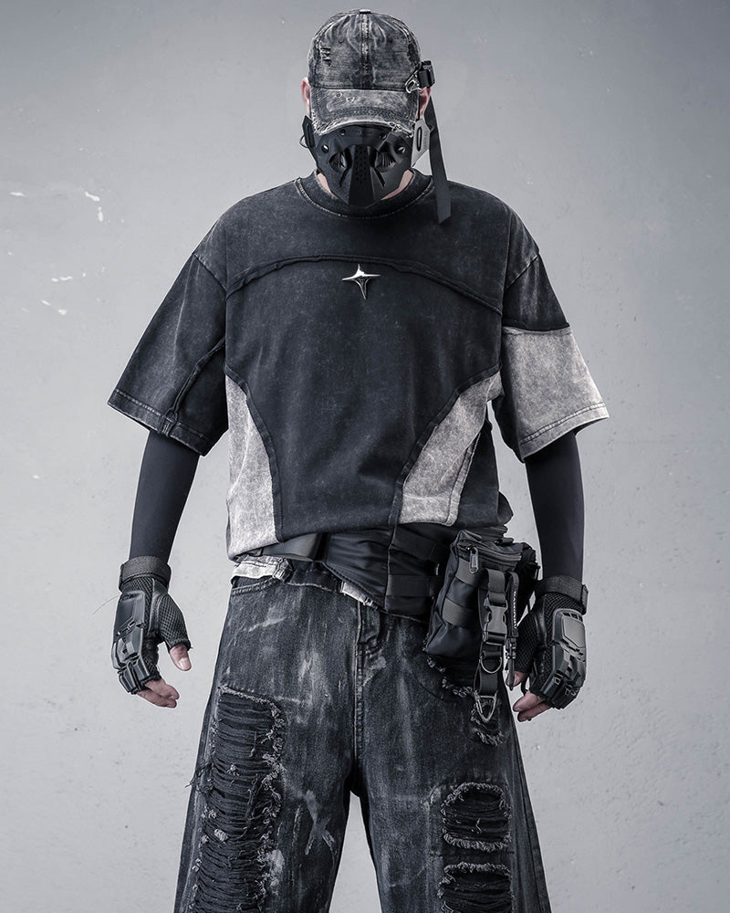 Street Wasteland-style Distressed Patchwork T-Shirt