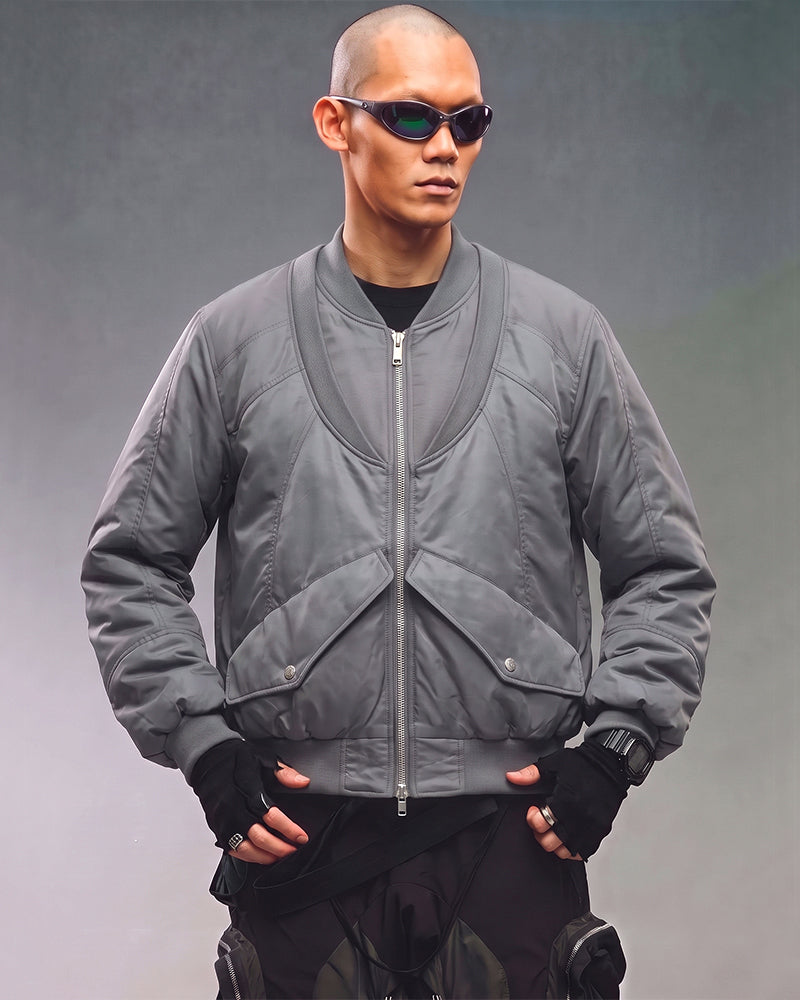Deconstructed Double Collar Layered Paneled Bomber Jacket